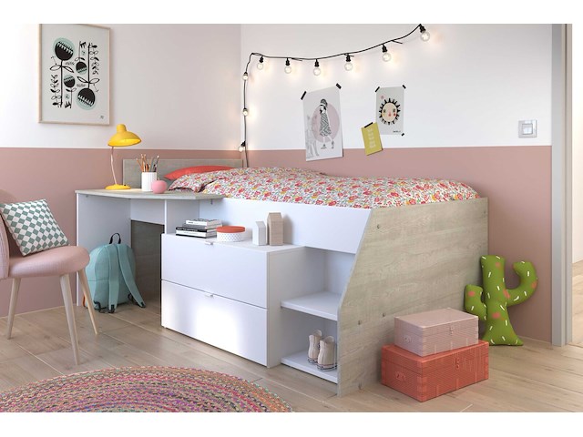 Kajuitbed milky met bureau en lades - wit/eik - afbeelding 2 van  7