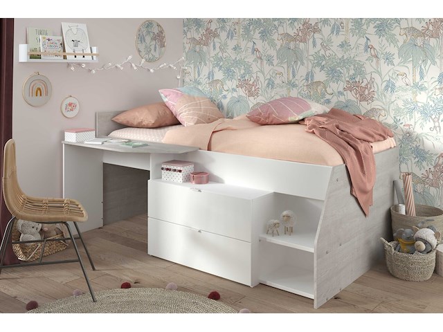 Kajuitbed milky met bureau en lades - wit/eik - afbeelding 6 van  7