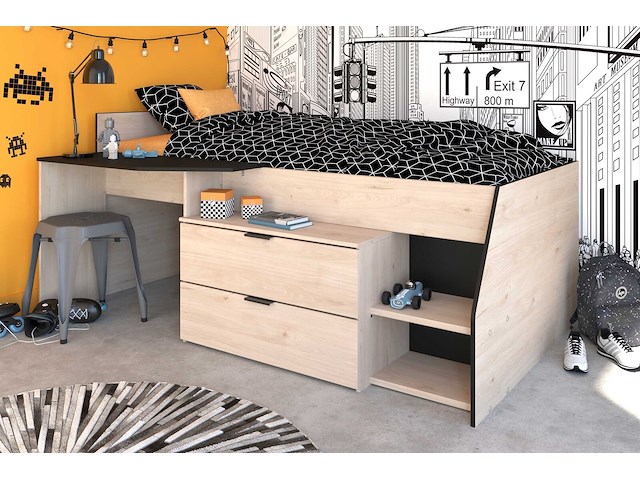 Kajuitbed milky met bureau en lades - zwart/eik - afbeelding 6 van  7