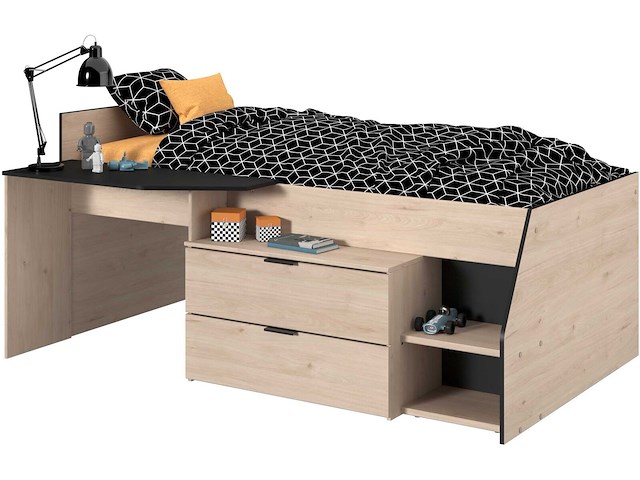 Kajuitbed milky met bureau en lades - zwart/eik - afbeelding 1 van  7