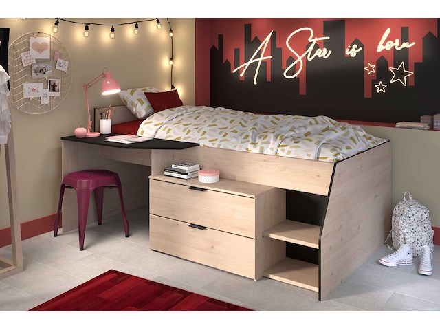 Kajuitbed milky met bureau en lades - zwart/eik - afbeelding 2 van  7