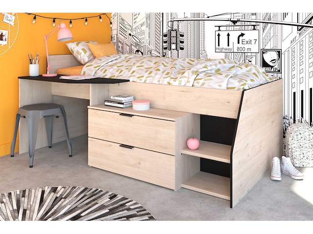 Kajuitbed milky met bureau en lades - zwart/eik - afbeelding 4 van  7
