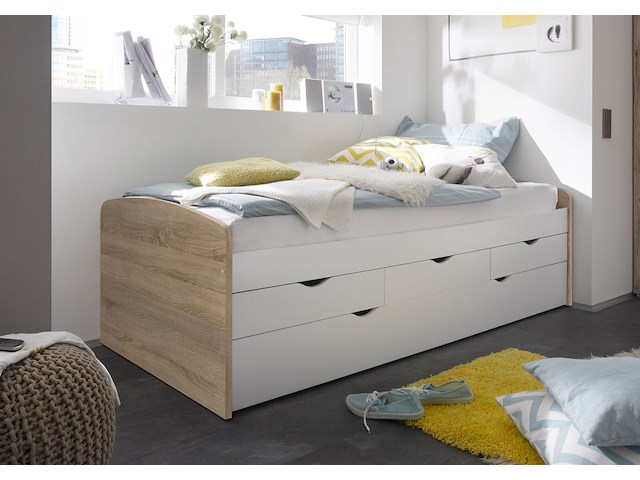 Kajuitbed nasri 90x200 met bedlade - sonoma eik/wit - afbeelding 1 van  2