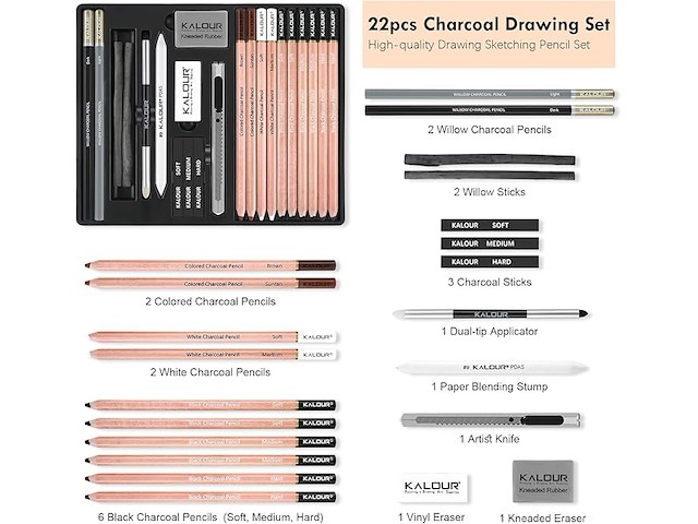 Kalour pdas houtskool tekenset, 22-delig - afbeelding 2 van  5