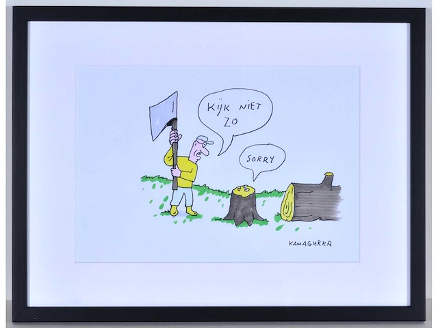Kamagurka - kijk niet zo - inkt en kleurstift op papier - ingelijst - afbeelding 1 van  4
