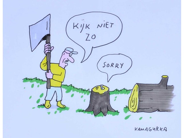 Kamagurka - kijk niet zo - inkt en kleurstift op papier - ingelijst - afbeelding 2 van  4