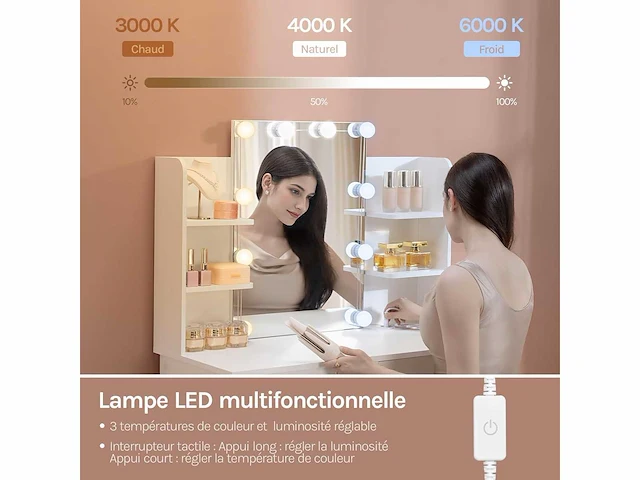 Kamertafel met spiegel en led-lamp, stekkerdoos, usb a/type-c - afbeelding 4 van  8