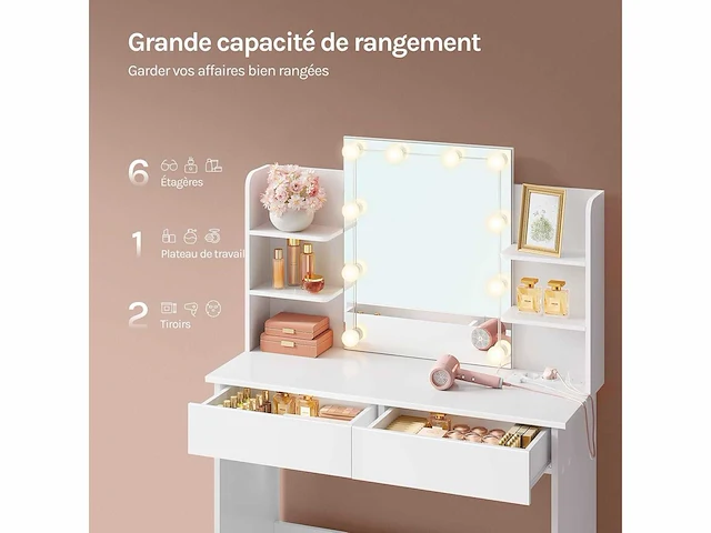 Kamertafel met spiegel en led-lamp, stekkerdoos, usb a/type-c - afbeelding 7 van  8