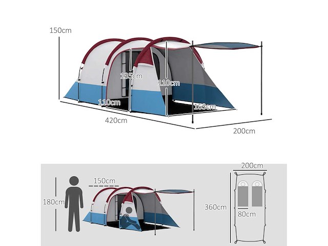 Kampeertent tunnel tent 2-3 per stuk. met lichtgewicht geventileerde veranda waterdichte 2000 mm 3 deuren draagtas inbegrepen - afbeelding 3 van  5