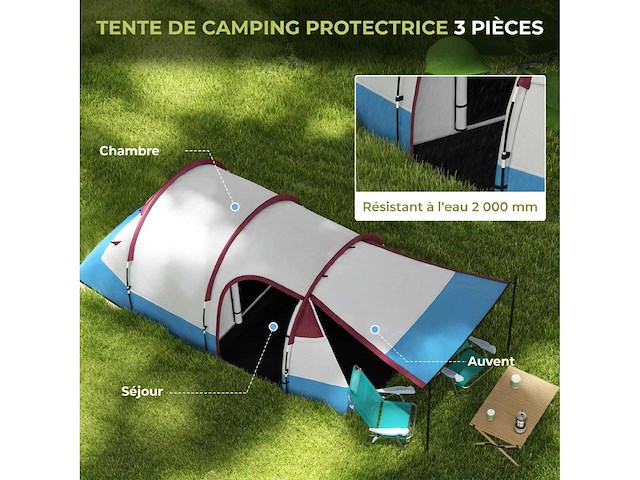 Kampeertent tunnel tent 2-3 per stuk. met lichtgewicht geventileerde veranda waterdichte 2000 mm 3 deuren draagtas inbegrepen - afbeelding 4 van  5