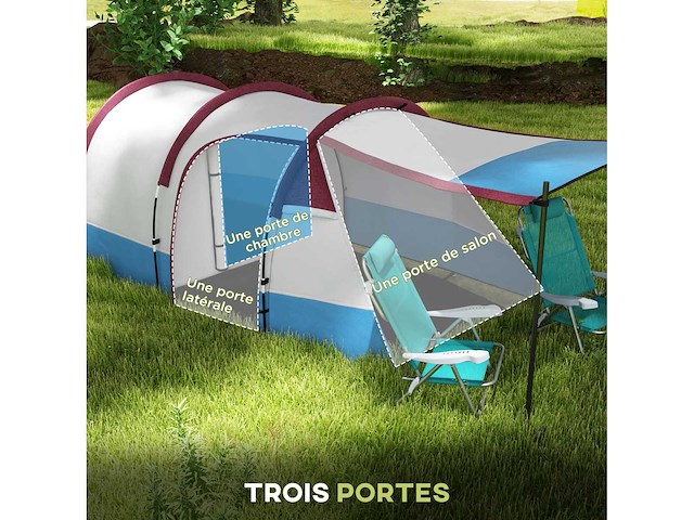 Kampeertent tunnel tent 2-3 per stuk. met lichtgewicht geventileerde veranda waterdichte 2000 mm 3 deuren draagtas inbegrepen - afbeelding 5 van  5