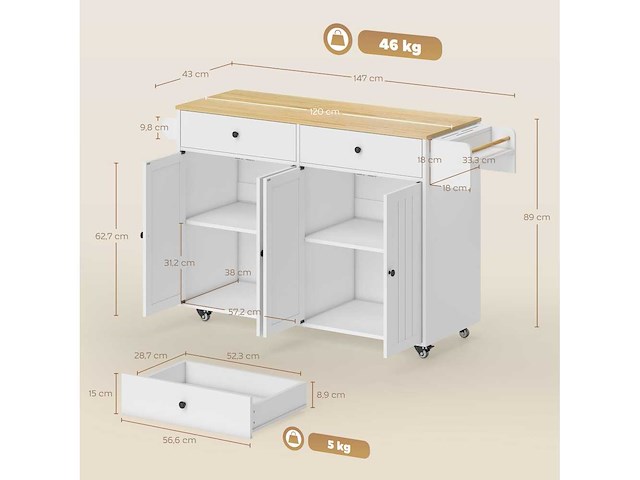 Kantelend keukeneiland, 2 lades, 2 kasten, op wielen - afbeelding 4 van  11