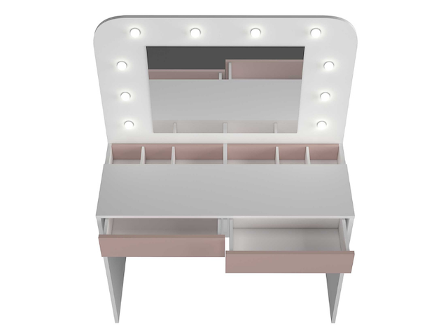 Kaptafel holly met spiegel en verlichting 2 lades spaanplaat - wit/roze - afbeelding 2 van  6