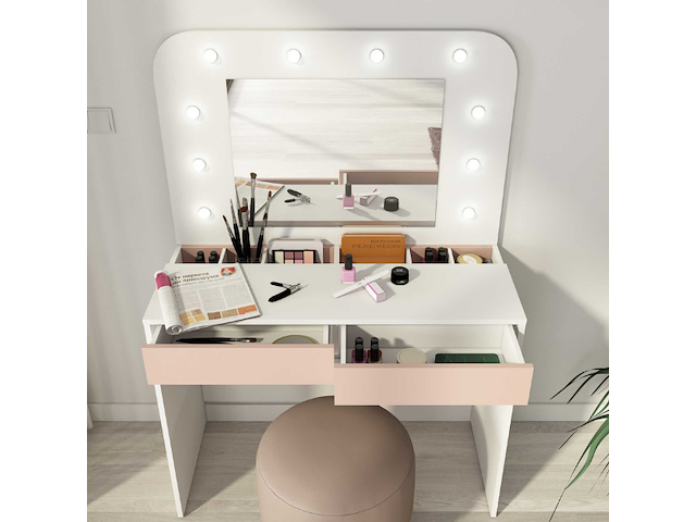 Kaptafel holly met spiegel en verlichting 2 lades spaanplaat - wit/roze - afbeelding 3 van  6