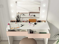 Kaptafel holly met spiegel en verlichting 2 lades spaanplaat - wit/roze - afbeelding 3 van  6