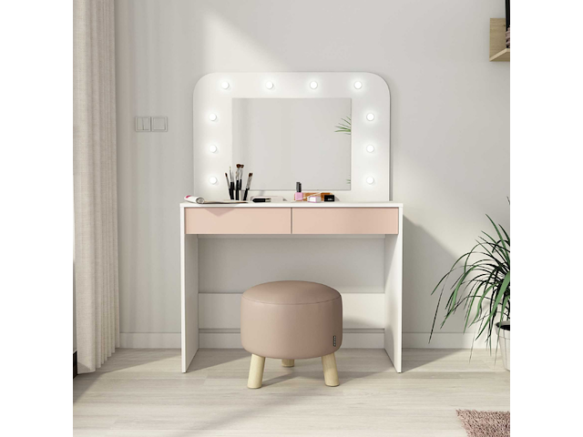 Kaptafel holly met spiegel en verlichting 2 lades spaanplaat - wit/roze - afbeelding 4 van  6