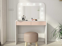 Kaptafel holly met spiegel en verlichting 2 lades spaanplaat - wit/roze - afbeelding 4 van  6