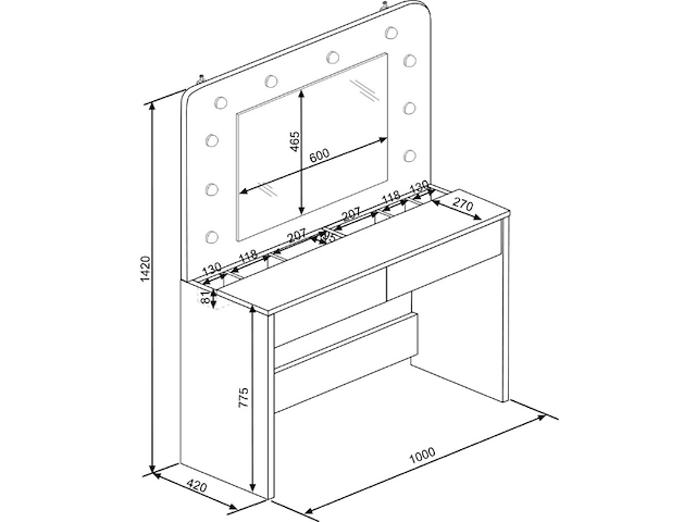 Kaptafel holly met spiegel en verlichting 2 lades spaanplaat - wit/roze - afbeelding 5 van  6