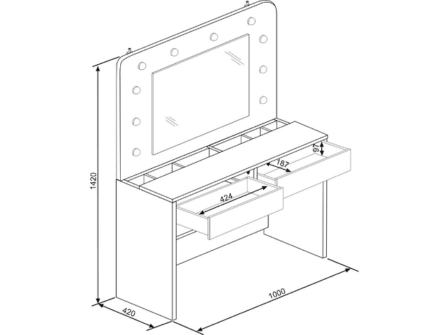 Kaptafel holly met spiegel en verlichting 2 lades spaanplaat - wit/roze - afbeelding 6 van  6