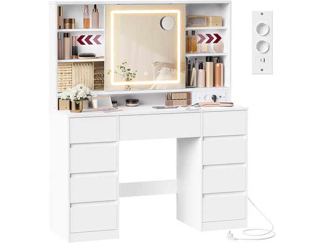 Kaptafel met led-spiegel, stekkerdoos, 9 lades, vergrootglas 10x - afbeelding 1 van  7