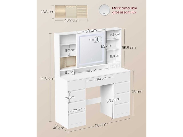 Kaptafel met led-spiegel, stekkerdoos, 9 lades, vergrootglas 10x - afbeelding 2 van  7