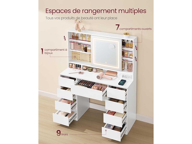 Kaptafel met led-spiegel, stekkerdoos, 9 lades, vergrootglas 10x - afbeelding 4 van  7