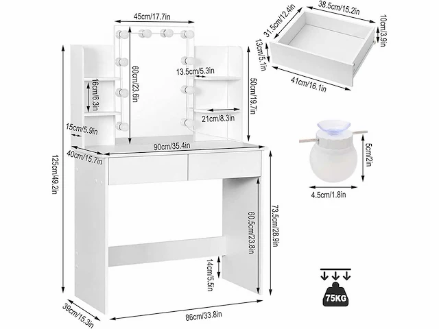 Kaptafel met led-verlichting, kaptafel met spiegel, make-uptafel - afbeelding 4 van  5