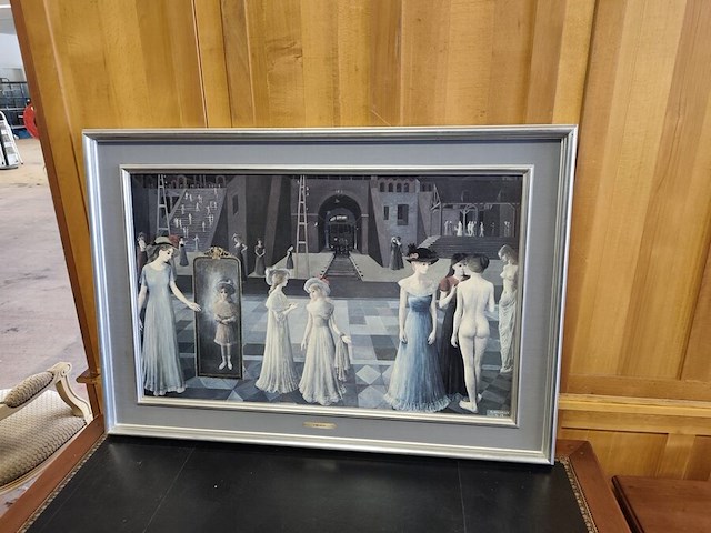 Kerselaren bureau 2 laden camile&vence afm; 135x40x77, 2 nachttafeltjes camille&vence afm. 47x33x62, schilderij p.delvaux - afbeelding 12 van  16