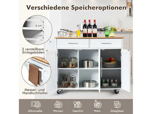 Keukeneiland serveerkar, keukenkar op wielen, wit - afbeelding 2 van  5