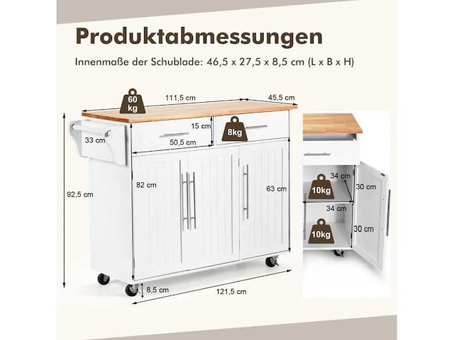 Keukeneiland serveerkar, keukenkar op wielen, wit - afbeelding 4 van  5