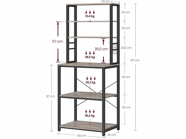 Keukenplank, 6 planken, 6 haken, 60 x 40 x 167 cm - afbeelding 6 van  7