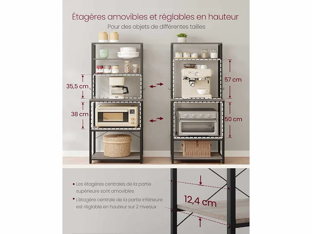 Keukenplank, 6 planken, 6 haken, 60 x 40 x 167 cm - afbeelding 5 van  7