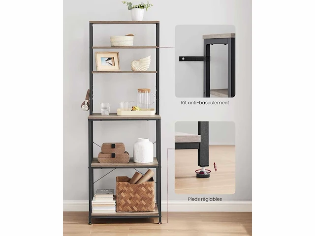 Keukenplank, 6 planken, 6 haken, 60 x 40 x 167 cm - afbeelding 3 van  7