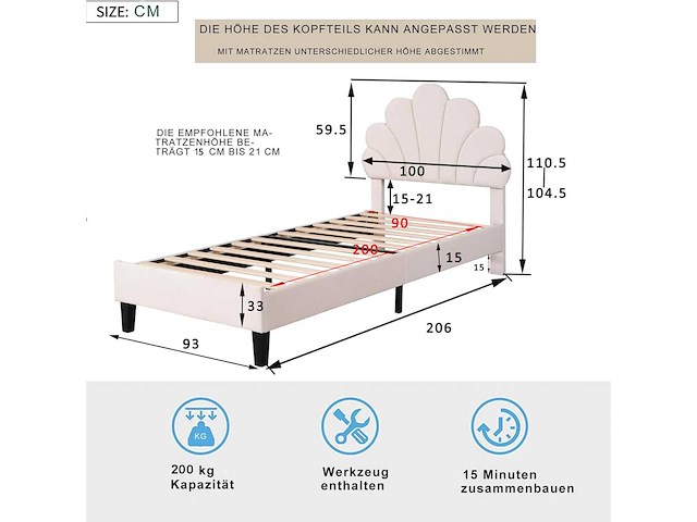 Kinderbed 90x200 cm - beige velvet - afbeelding 3 van  8