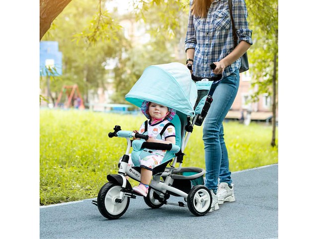 Kinderdriewieler, kinderfiets, achterste mand, bekerhouder, luifel, metalen frame, groen - afbeelding 1 van  4