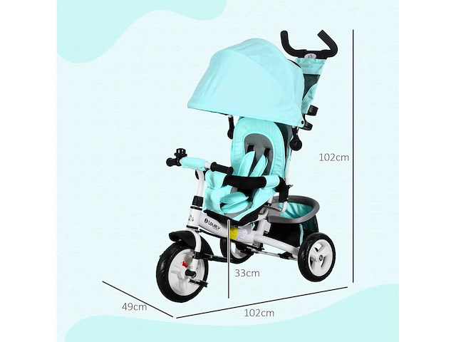 Kinderdriewieler, kinderfiets, achterste mand, bekerhouder, luifel, metalen frame, groen - afbeelding 3 van  4