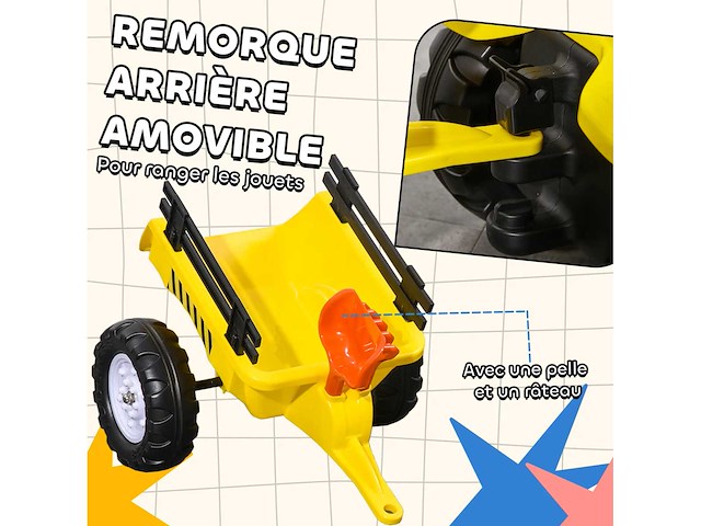 Kindertractordrager met aanhangwagen, hark en graafmachine - afbeelding 5 van  5