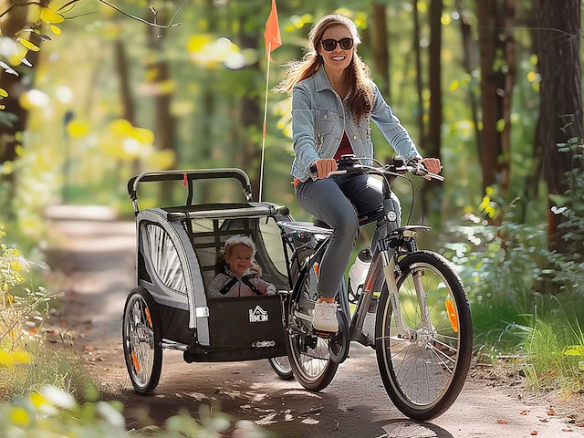 Kindertrailer, kinderwagen, met remmen, opvouwbaar, voor 2 kinderen, grijs/zwart - afbeelding 1 van  8