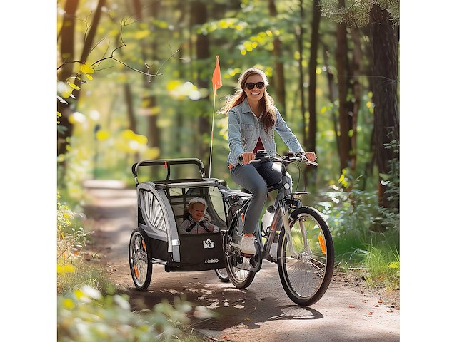 Kindertrailer, kinderwagen, met remmen, opvouwbaar, voor 2 kinderen, grijs/zwart - afbeelding 2 van  8