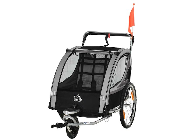 Kindertrailer, kinderwagen, met remmen, opvouwbaar, voor 2 kinderen, grijs/zwart - afbeelding 3 van  8