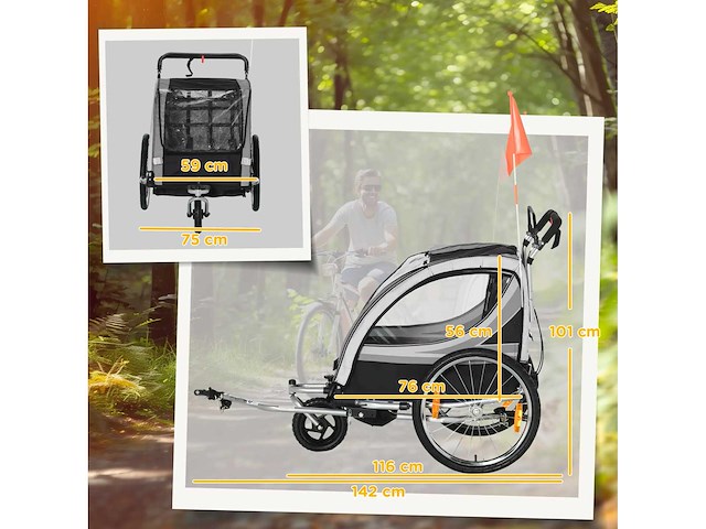 Kindertrailer, kinderwagen, met remmen, opvouwbaar, voor 2 kinderen, grijs/zwart - afbeelding 4 van  8