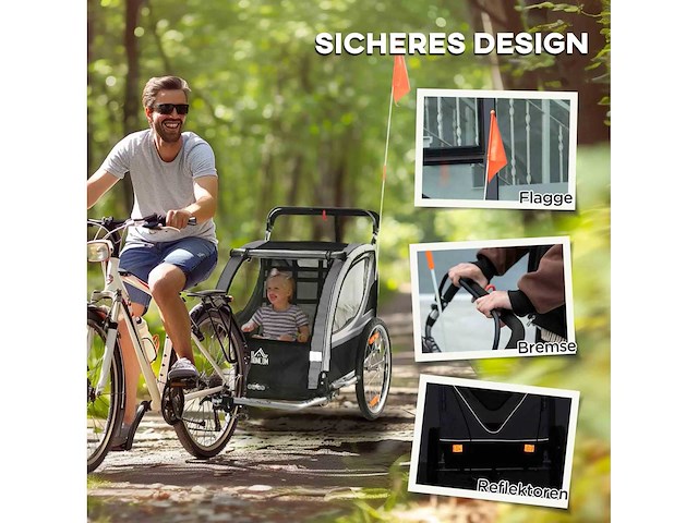 Kindertrailer, kinderwagen, met remmen, opvouwbaar, voor 2 kinderen, grijs/zwart - afbeelding 5 van  8