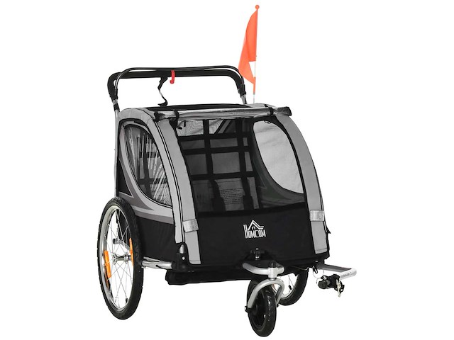 Kindertrailer, kinderwagen, met remmen, opvouwbaar, voor 2 kinderen, grijs/zwart - afbeelding 7 van  8