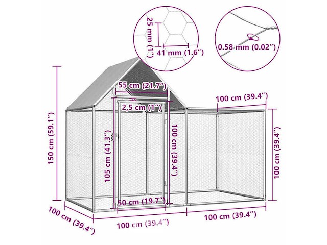 Kippenren 200x100x150 cm gegalvaniseerd staal - afbeelding 3 van  4