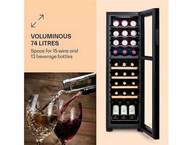 Klarstein bovella 27 duo+ dual-zone wijnkelder 74l 27 flessen glasdeur - afbeelding 2 van  3