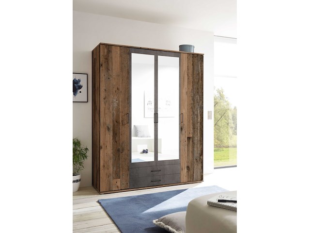 Kledingkast ellis 160cm met 4 deuren 2 lades & spiegel - old style/beton - afbeelding 1 van  7