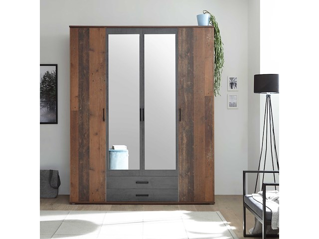 Kledingkast ellis 160cm met 4 deuren 2 lades & spiegel - old style/beton - afbeelding 4 van  7