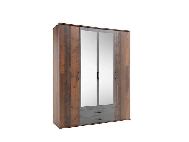 Kledingkast ellis 160cm met 4 deuren 2 lades & spiegel - old style/beton - afbeelding 2 van  7