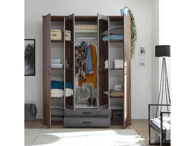 Kledingkast ellis 160cm met 4 deuren 2 lades & spiegel - old style/beton - afbeelding 5 van  7