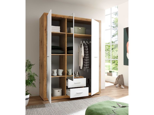 Kledingkast storck 151cm 3 deuren & 2 lades & spiegel - artisan eik/wit - afbeelding 3 van  7